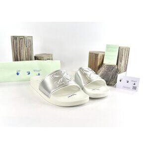 Off-White HF Mirror Silver Arrow Embossed Logo Rubber Pool Slides 43 NIB